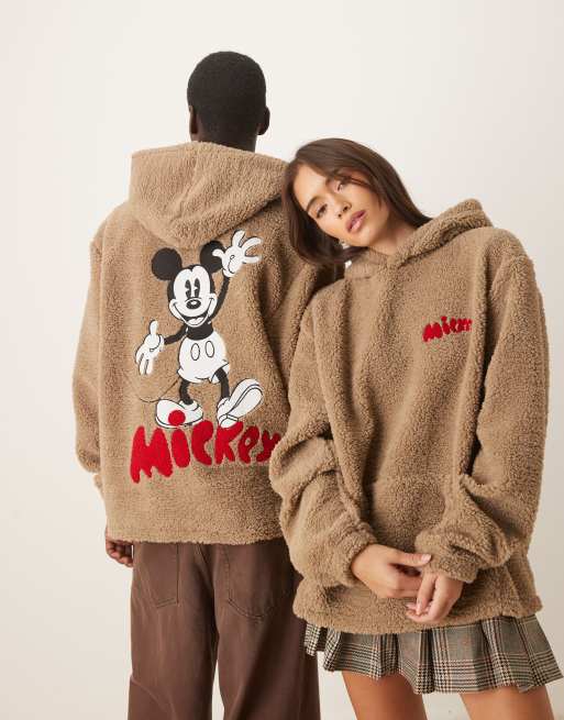 ASOS DESIGN Disney oversized borg hoodie with Mickey Mouse print in beige