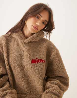 Asos Design Disney Oversized Borg Hoodie With Mickey Mouse Print In Brown