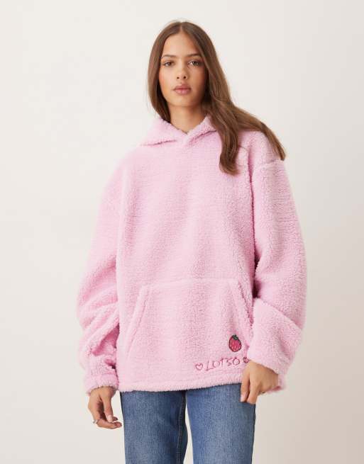 ASOS DESIGN Disney oversized borg hoodie with Mickey Mouse print in pink