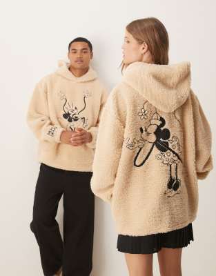 Asos Design Disney Oversized Borg Hoodie With Mickey Mouse Print In Neutral