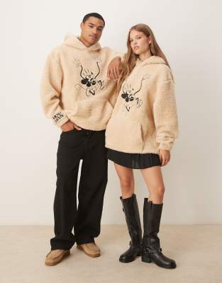 Asos Design Disney Oversized Borg Hoodie With Mickey Mouse Print In Neutral