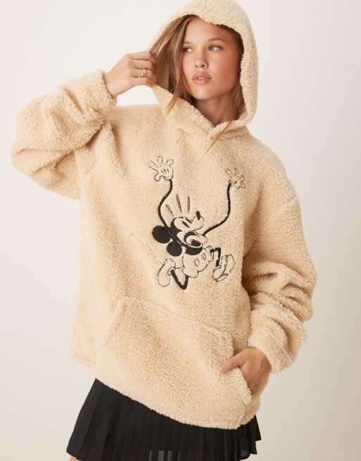 ASOS DESIGN Disney oversized borg hoodie with Mickey Mouse print in white