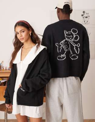 Asos Design Disney Oversized Boxy Fit Knit Crew Neck Cardigan With Mickey Mouse Embroidery In Black