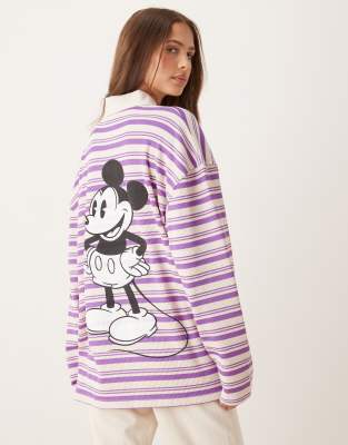 Asos Design Disney Oversized Long Sleeve Polo Shirt With Mickey Mouse Print In Yellow