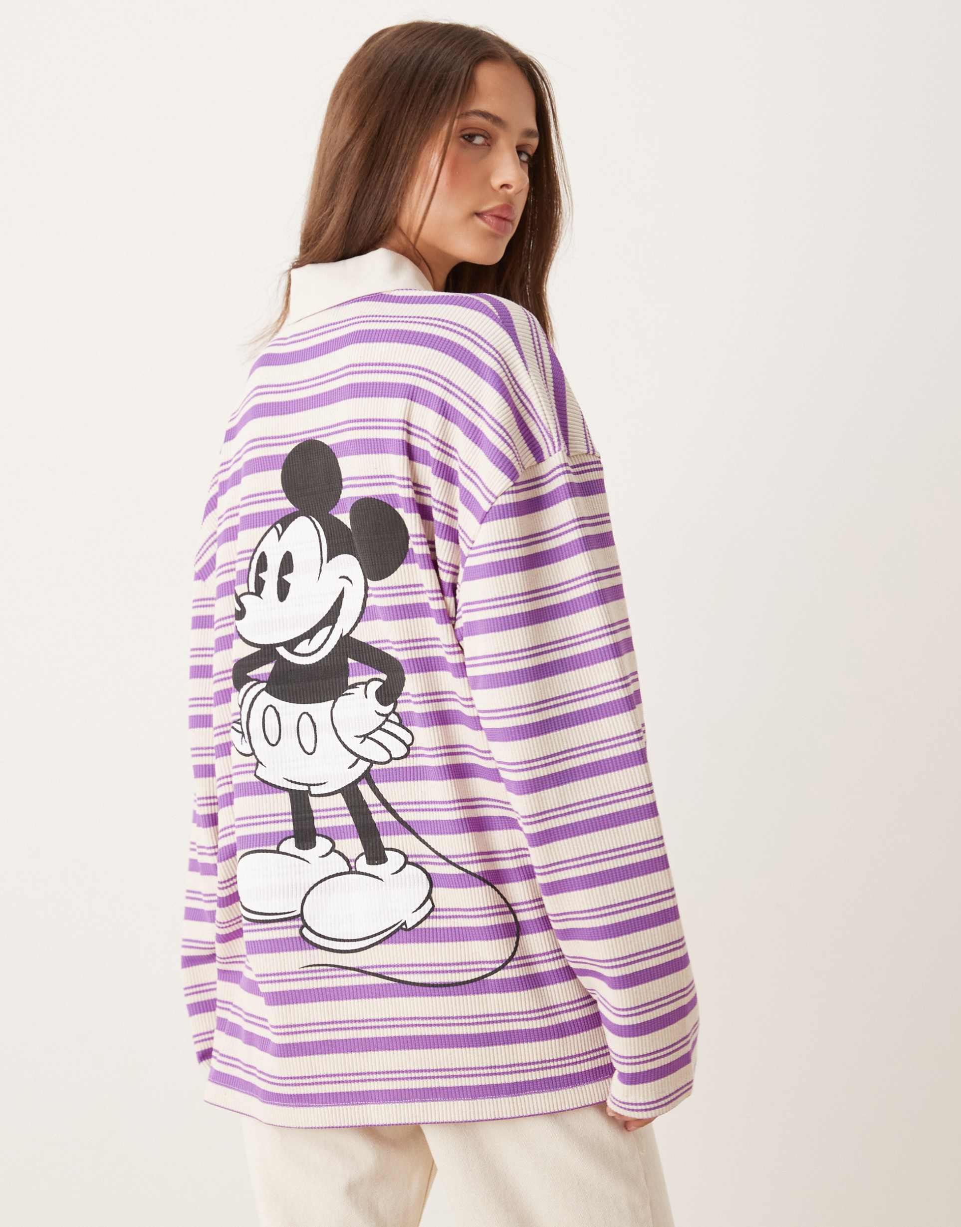 asos design disney oversized long sleeve polo shirt with mickey mouse print in pink pinstripes