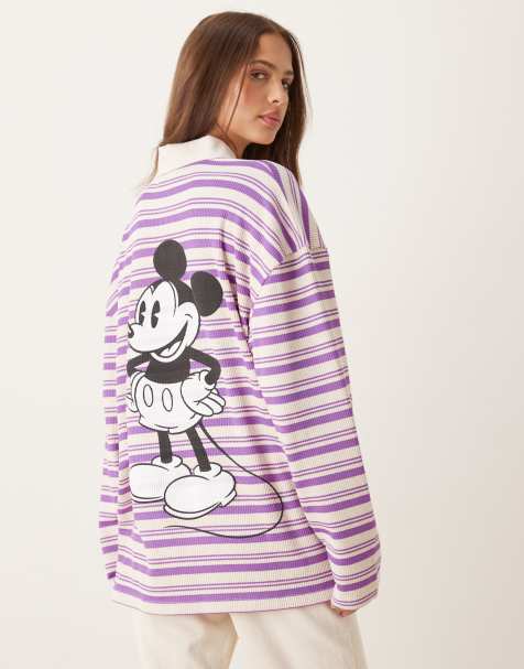 ASOS DESIGN Disney oversized long sleeve polo with Mickey Mouse print in pink pinstripe - view 1
