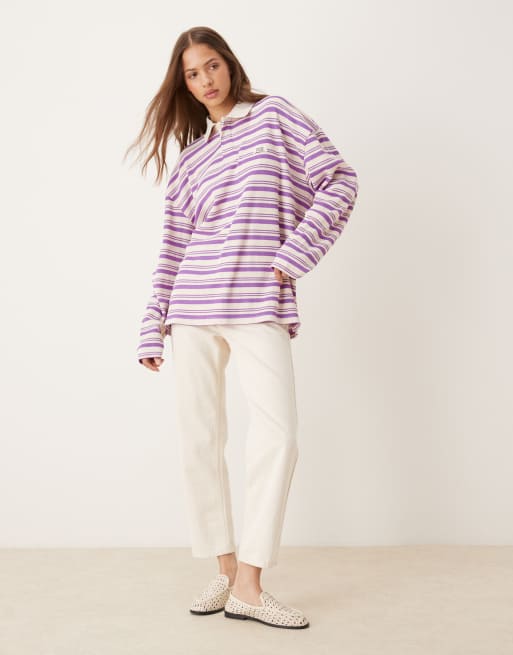 ASOS DESIGN Disney oversized long sleeve polo with Mickey Mouse print in pink pinstripe, 2 of 4