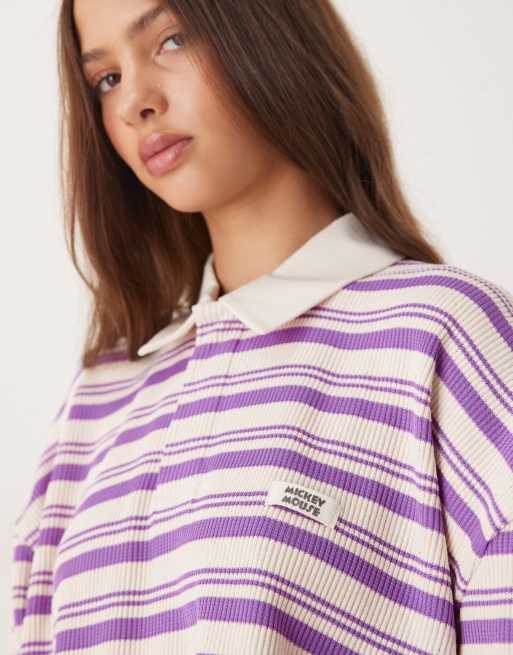 ASOS DESIGN Disney oversized long sleeve polo with Mickey Mouse print in pink pinstripe, 3 of 4