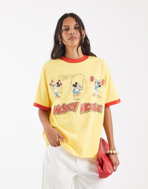 ASOS DESIGN Disney oversized ringer t-shirt with Mickey Mouse exercise print in yellow - view 1