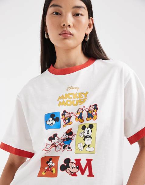 ASOS DESIGN Disney oversized slub ringer t-shirt with Mickey Mouse chart print in white - view 1