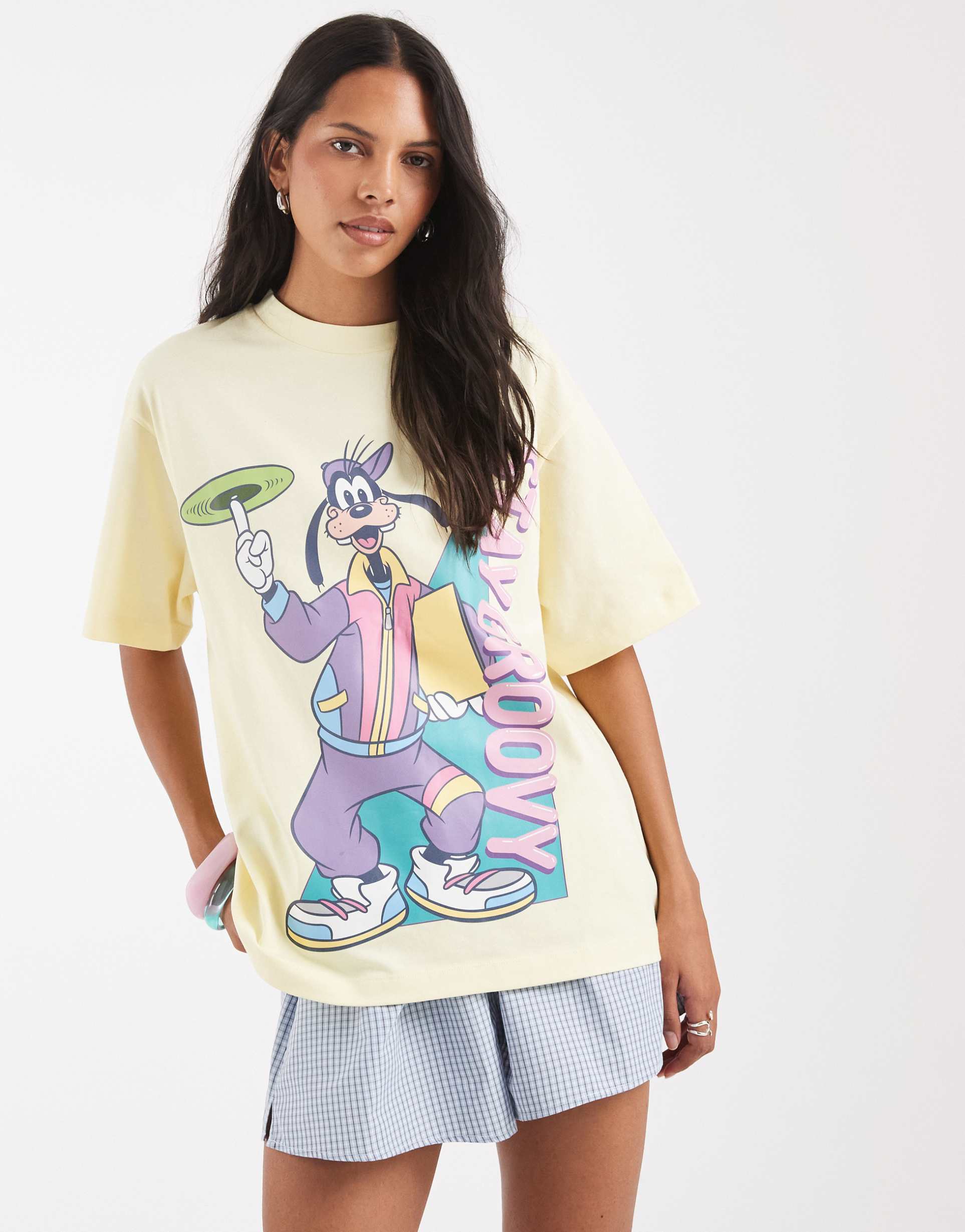 asos design disney oversized t-shirt with goofy print in buttermilk yellow
