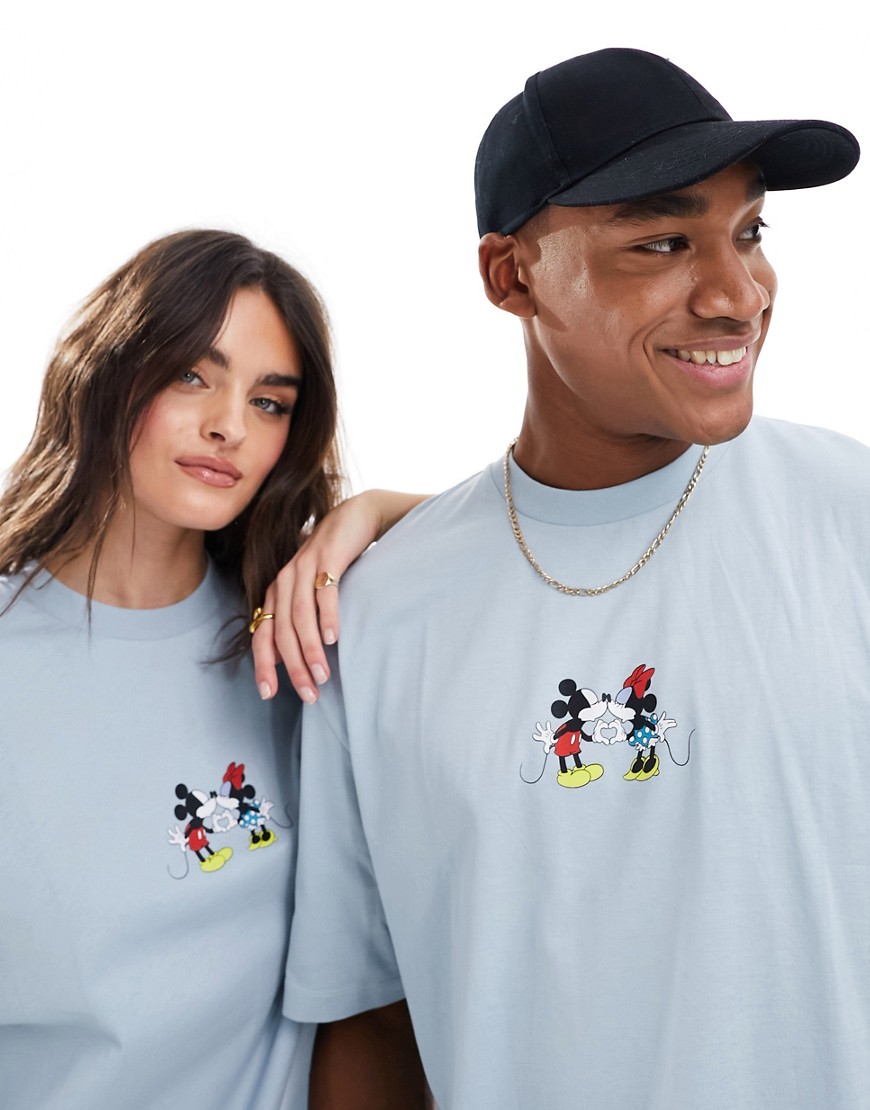 ASOS DESIGN Disney oversized unisex tee in blue with Mickey and Minnie Mouse kissing print