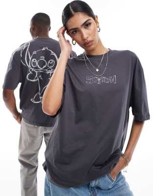 Asos Design Disney Oversized Unisex Tee In Charcoal Gray With Stitch Outline Prints