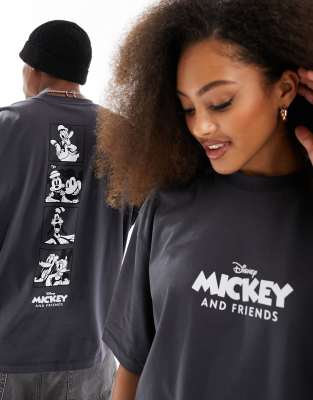 Asos Design Disney Oversized Unisex Tee In Charcoal With Mickey Mouse And Friends Spine Print-gray