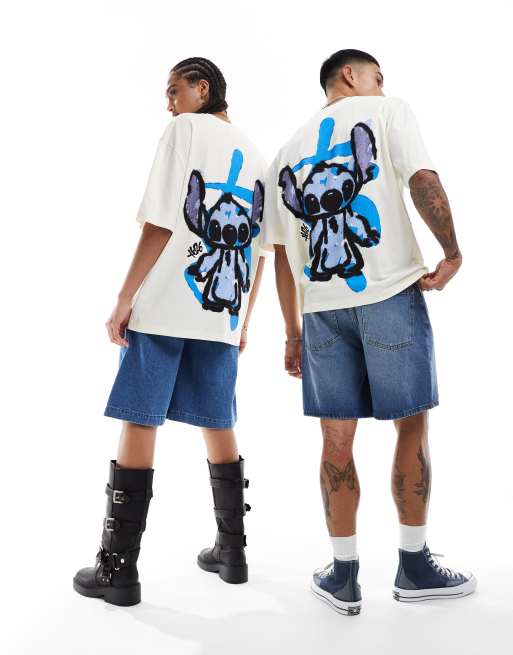 ASOS DESIGN Disney oversized unisex tee in off white with Stitch graffiti prints, 4 of 4