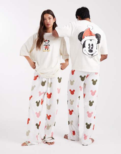 ASOS DESIGN Disney pajama set with Christmas Mickey Mouse graphic in cream - view 1
