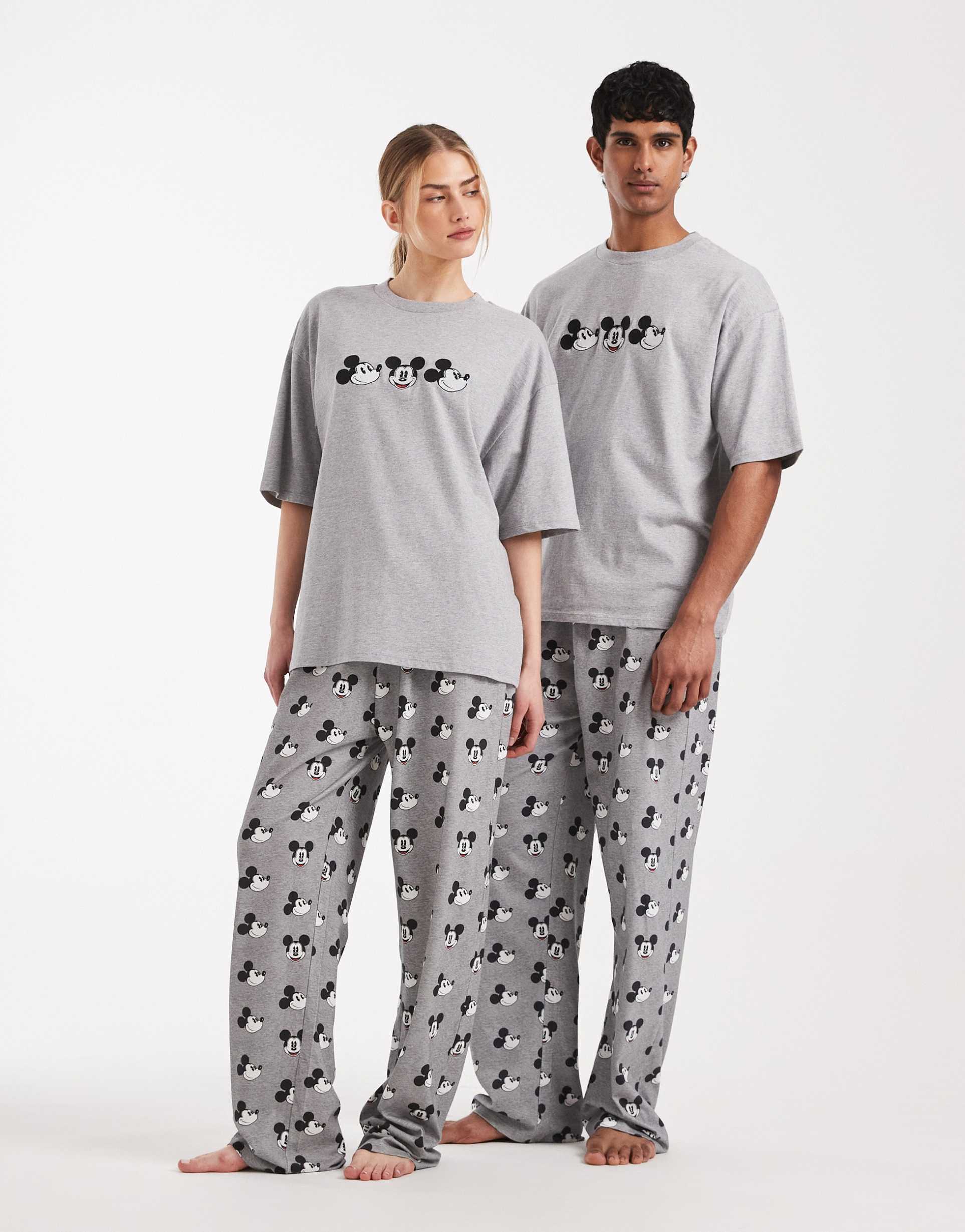 asos design disney pajama set with mickey mouse embroidery in gray heather