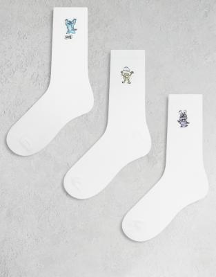 Asos Design Disney Pixar 3-pack Socks Monster Inc Embroidery In White