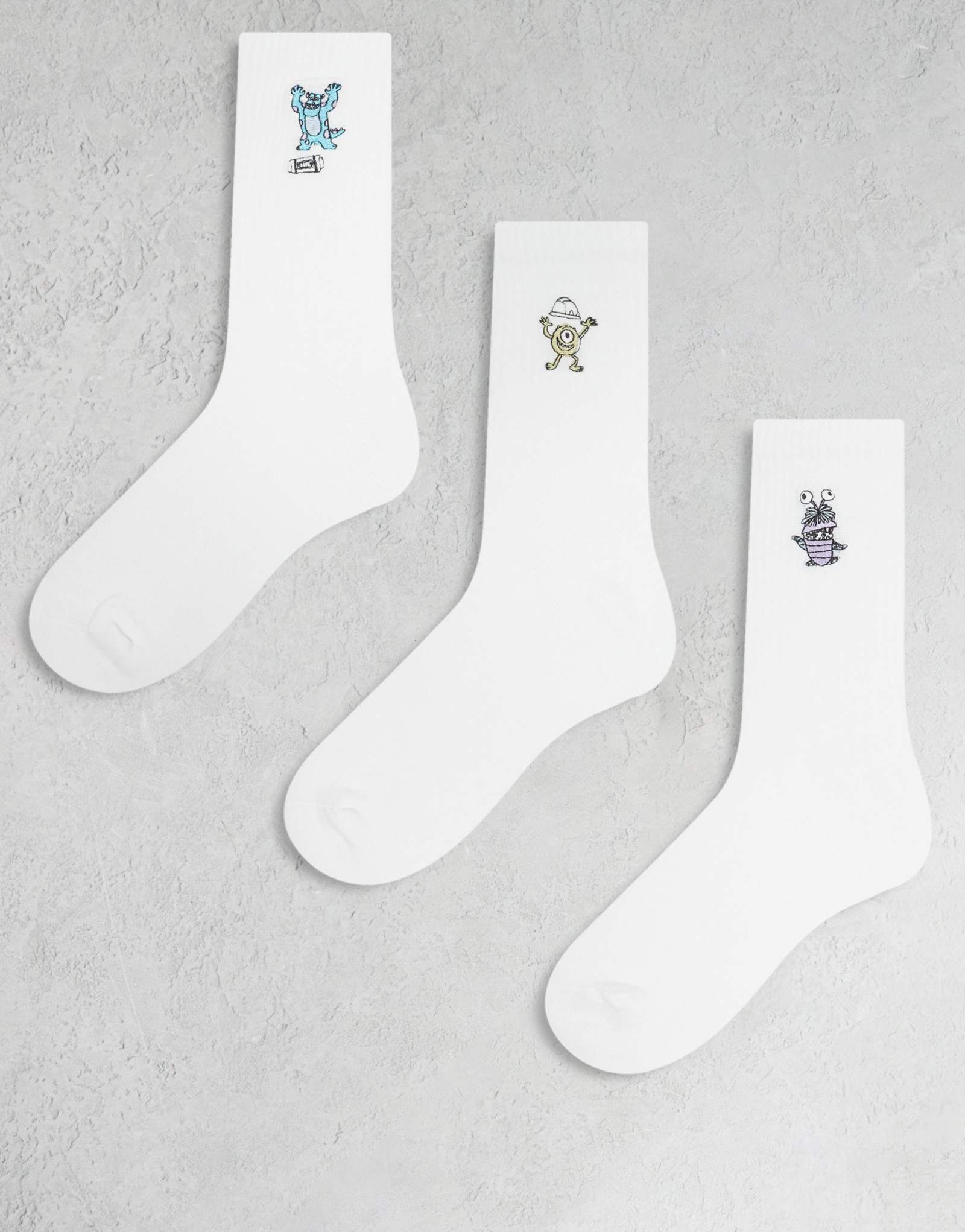 ASOS DESIGN Disney Pixar 3-х комплектные носки с вышивкой Monster Inc белого цвета