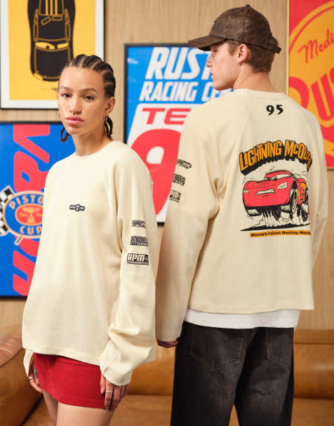 ASOS DESIGN Disney Pixar boxy long sleeve t-shirt with Cars print in ecru - view 1