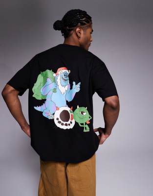 Asos Design Disney Pixar Christmas Oversized T-shirt With Monsters Inc. Prints In Black