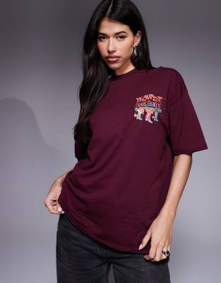 Asos Design Disney Pixar Christmas Oversized T-shirt With Toy Story Prints Burgundy-brown In Multi