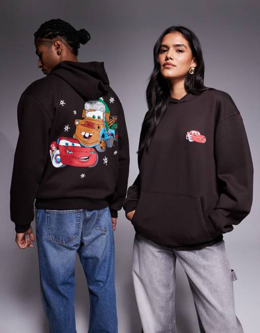 ASOS DESIGN Disney Pixar Christmas Relaxed hoodie with Cars prints in brown