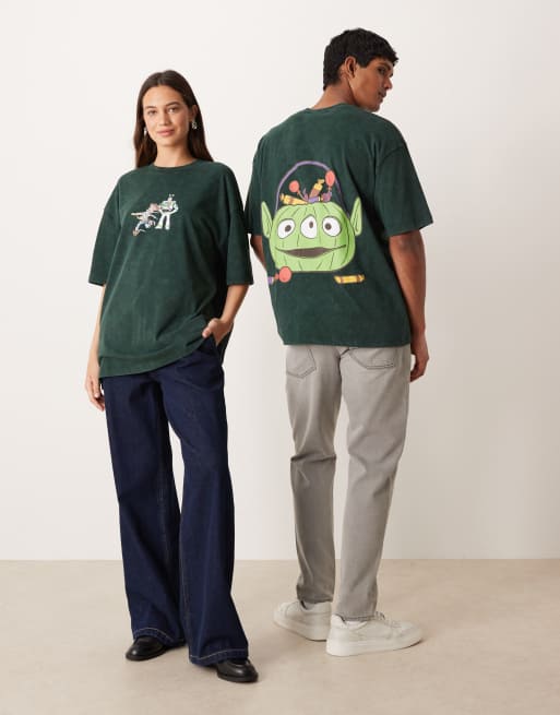 ASOS DESIGN – Disney Pixar – Halloween – Ciemnozielony sprany T-shirt unisex o fasonie oversize z nadrukami Toy Story