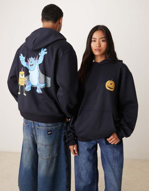 ASOS DESIGN Disney Pixar Halloween oversized hoodie with Monsters Inc. prints in navy