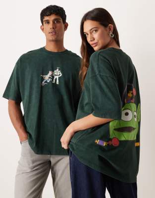 Asos Design Disney Pixar Halloween Unisex Oversized T-shirt With Toy Story Prints In Green