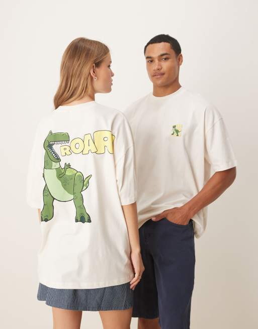 ASOS DESIGN Disney Pixar – Kremowy T-shirt unisex o kroju oversize z nadrukiem z motywem Rexa z „Toy Story”