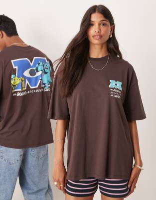 ASOS DESIGN - Disney Pixar - Oversize-T-Shirt in Braun mit „Monsters Inc"-Print