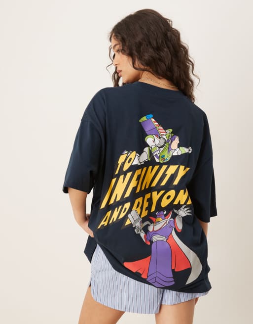 ASOS DESIGN Disney Pixar oversized t-shirt with Buzz Lightyear Toy Story prints in navy