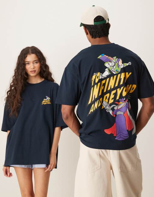 ASOS DESIGN Disney Pixar oversized t-shirt with Buzz Lightyear Toy Story prints in navy