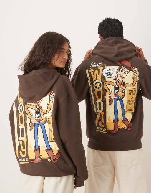ASOS DESIGN Disney Pixar oversized zip-through hoodie with Woody Toy Story print in brown