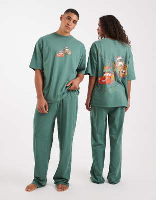 Asos Design Disney Pixar Pajama Set With Christmas Cars Graphic In Green
