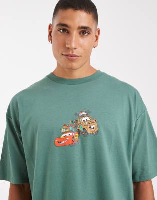 Asos Design Disney Pixar Pajama Set With Christmas Cars Graphic In Green