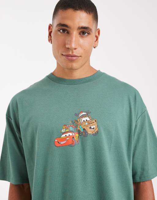 ASOS DESIGN Disney Pixar pajama set with Christmas Cars graphic in dark green