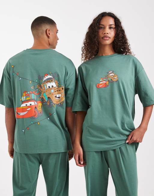 ASOS DESIGN Disney Pixar pajama set with Christmas Cars graphic in dark green
