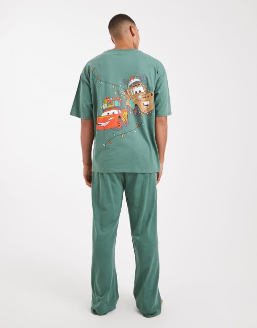 ASOS DESIGN Disney Pixar pajama set with Christmas Cars graphic in dark green