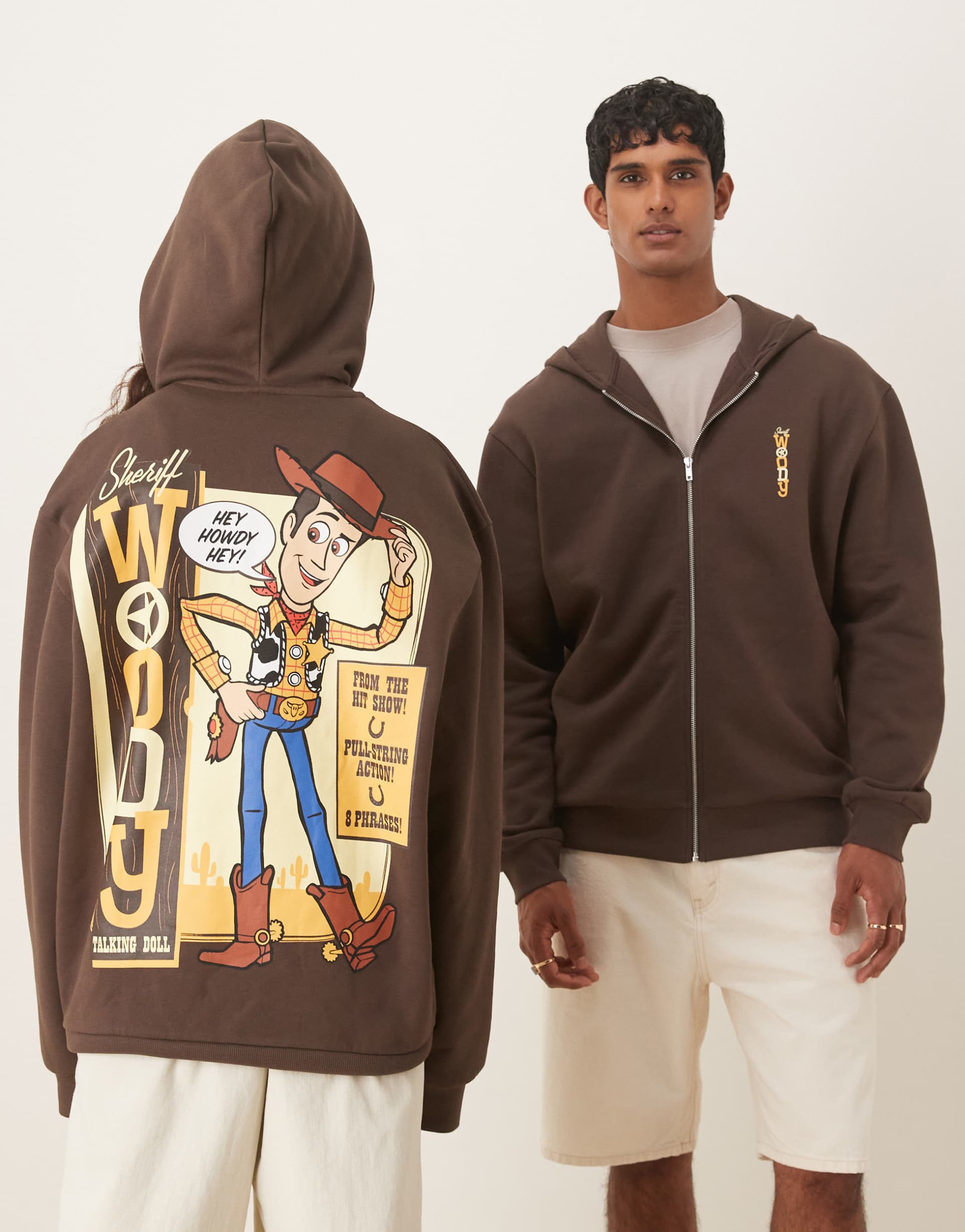 asos design disney pixar relaxed zip-up hoodie with woody toy story print in brown