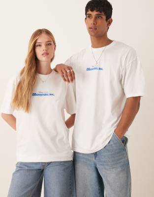 ASOS DESIGN - Disney Pixar - T-shirt unisexe oversize avec imprimés Monstres & Compagnie - Blanc | ASOS