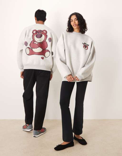 ASOS DESIGN Disney Pixar unisex extreme oversize scuba-style fabric sweatshirt with Lotso print in gray 