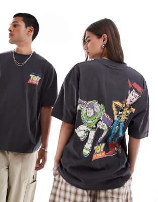 ASOS Design Disney Pixar - Unisex - Oversize-T-Shirt in Anthrazit mit „Toy Story Woody & Buzz Lightyear"-Aufdruck-Grau