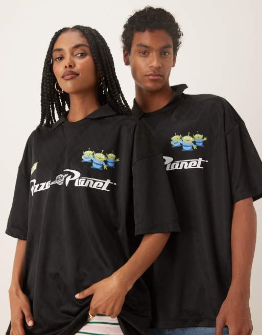 ASOS DESIGN Disney Unisex oversized athletic jersey with Toy Story Pizza Planet prints in black