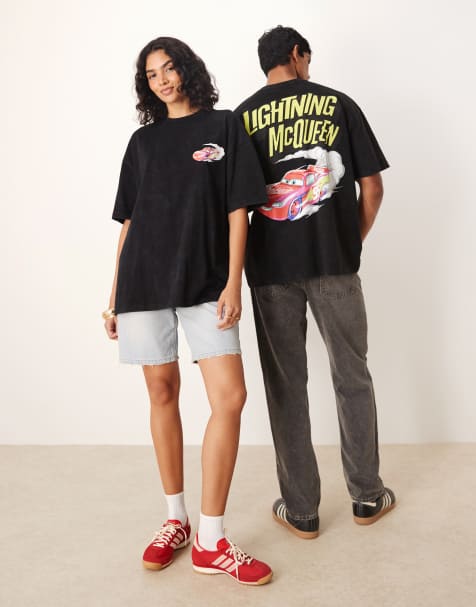 ASOS DESIGN Disney Pixar unisex oversized t-shirt with Lightning McQueen Cars print in washed black - view 1