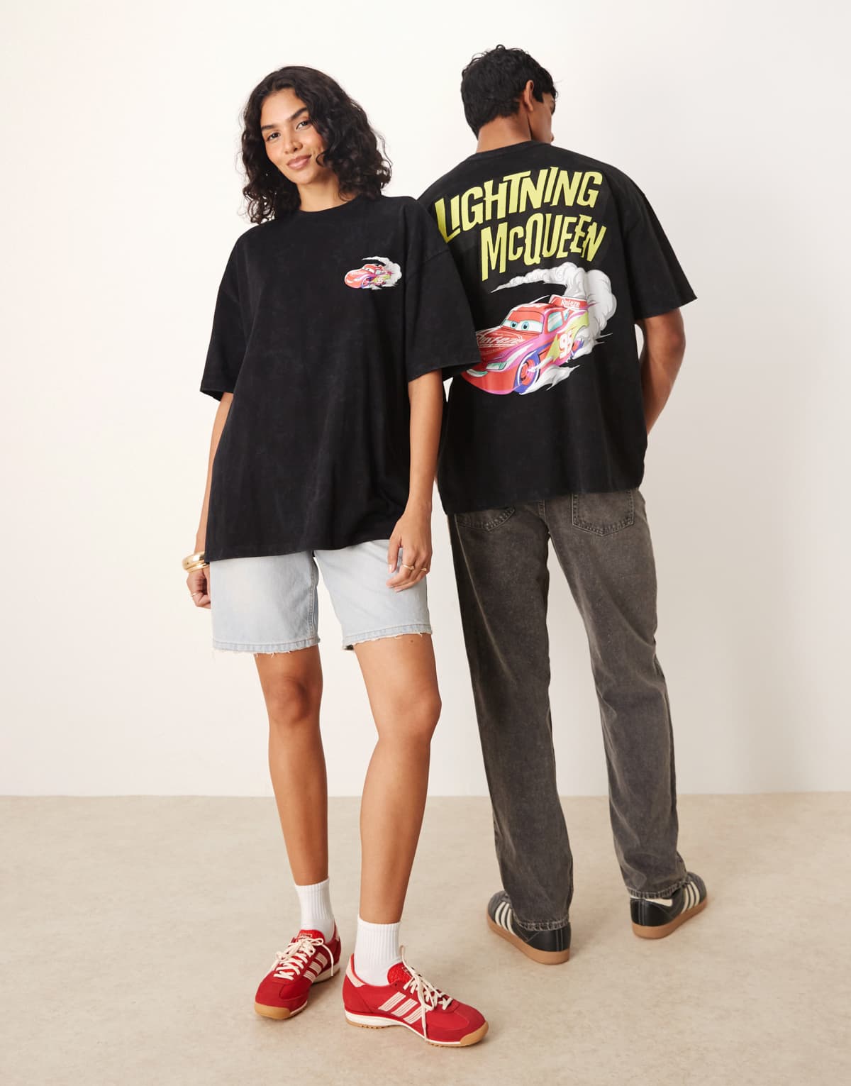 ASOS DESIGN Disney Pixar unisex oversized t-shirt with Lightning McQueen Cars print in washed black