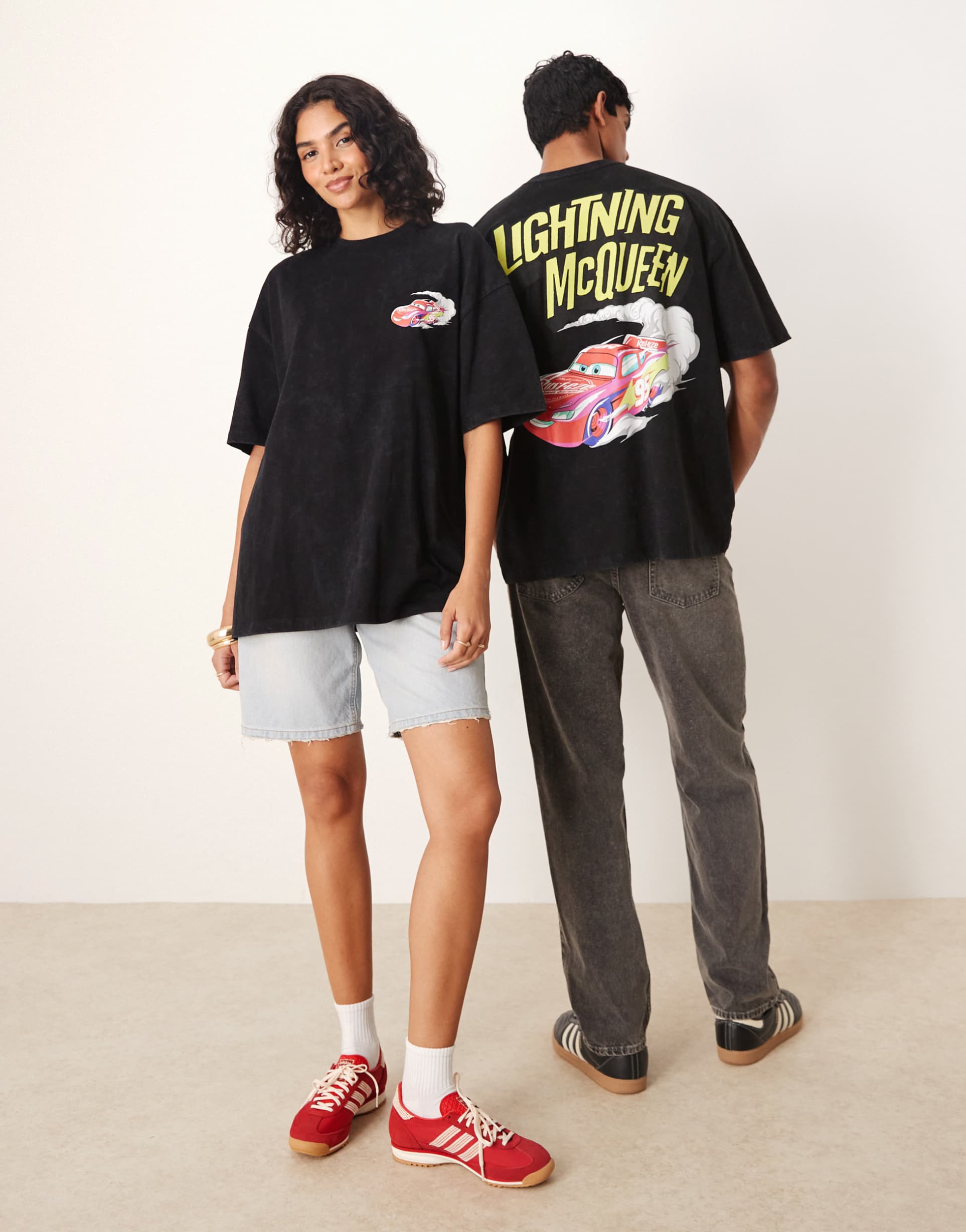 asos design disney pixar unisex oversized t-shirt with lightning mcqueen cars print in washed black