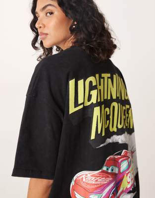Asos Design Disney Pixar Unisex Oversized T-shirt With Lightning Mcqueen Cars Print In Black