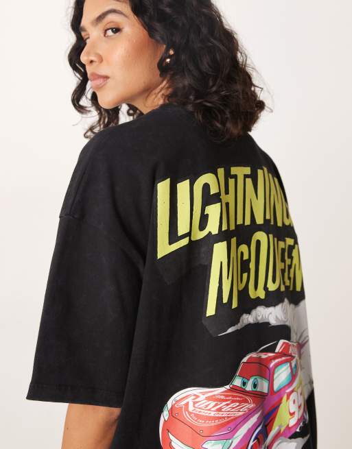 ASOS DESIGN Disney Pixar Unisex oversized t-shirt with Lightning McQueen Cars print in washed black 